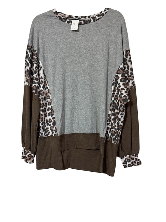 Tops - Cozy Leopard Trim Long Sleeve Pullover